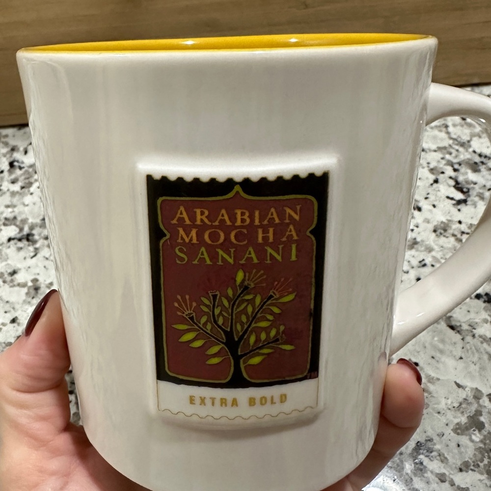 2006 STARBUCKS ARABIAN MOCHA SANANI White mug, YELLOW inside AFRICA ARABIA Cup